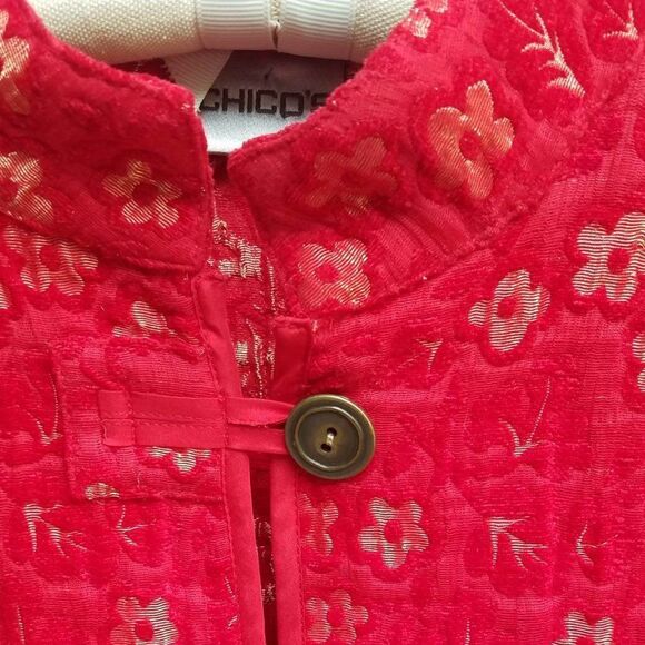 Chicos Red Gold Jacquard Asian Inspried floral Jacket Chicos size 2 - Picture 6 of 13